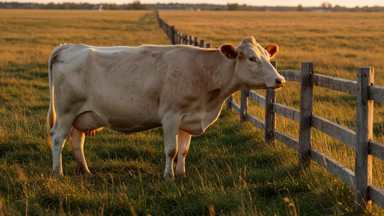Una mucca serena che pascola vicino a una recinzione rustica in un bellissimo paesaggio pastorale al tramonto, catturando la tranquillità della vita di campagna in campi aperti
