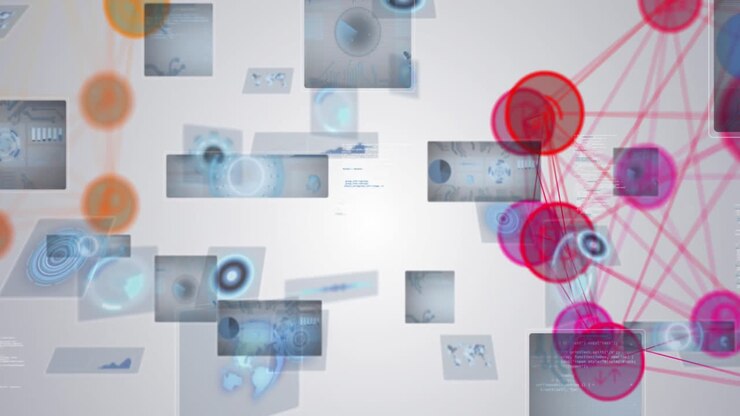 Animazione di reti di connessioni, scansioni ed elaborazione dati su schermi.