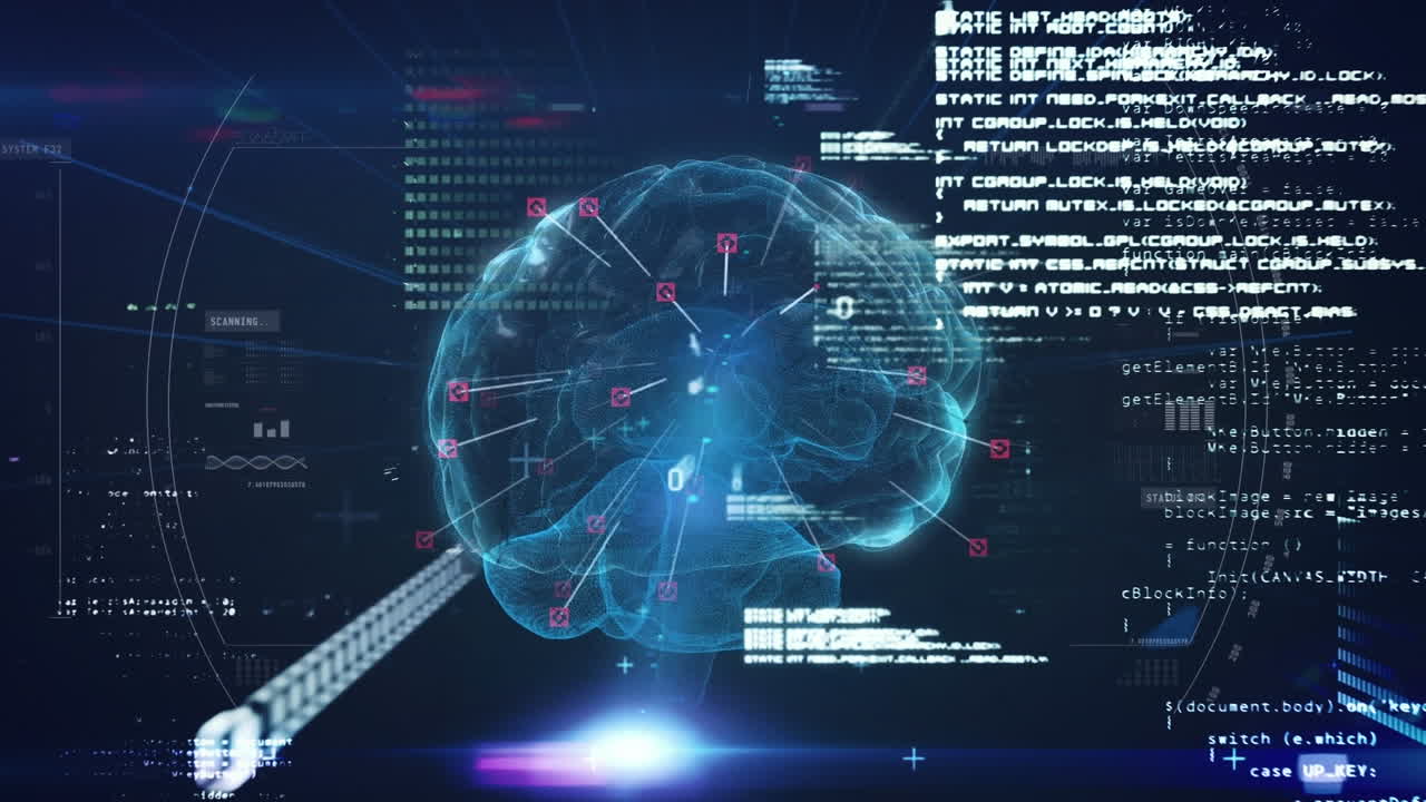 데이터 처리의 애니메이션과 파란색 배경에 회전하는 인간 뇌 아이콘 위의 빛의 점