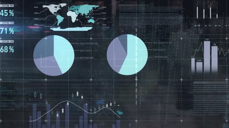 Animation of financial data processing over people walking in city street
