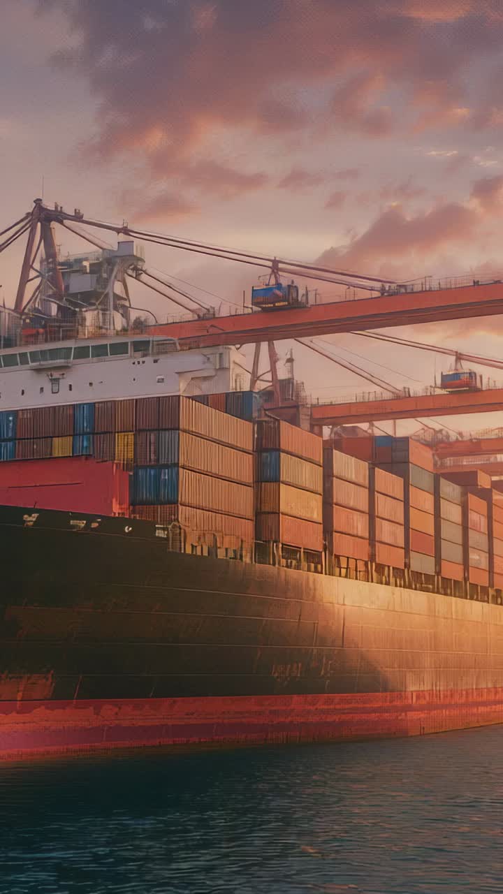 Vertical video: Sunlight shifting cargo ship showing stacks glowing on calm port water with cranes