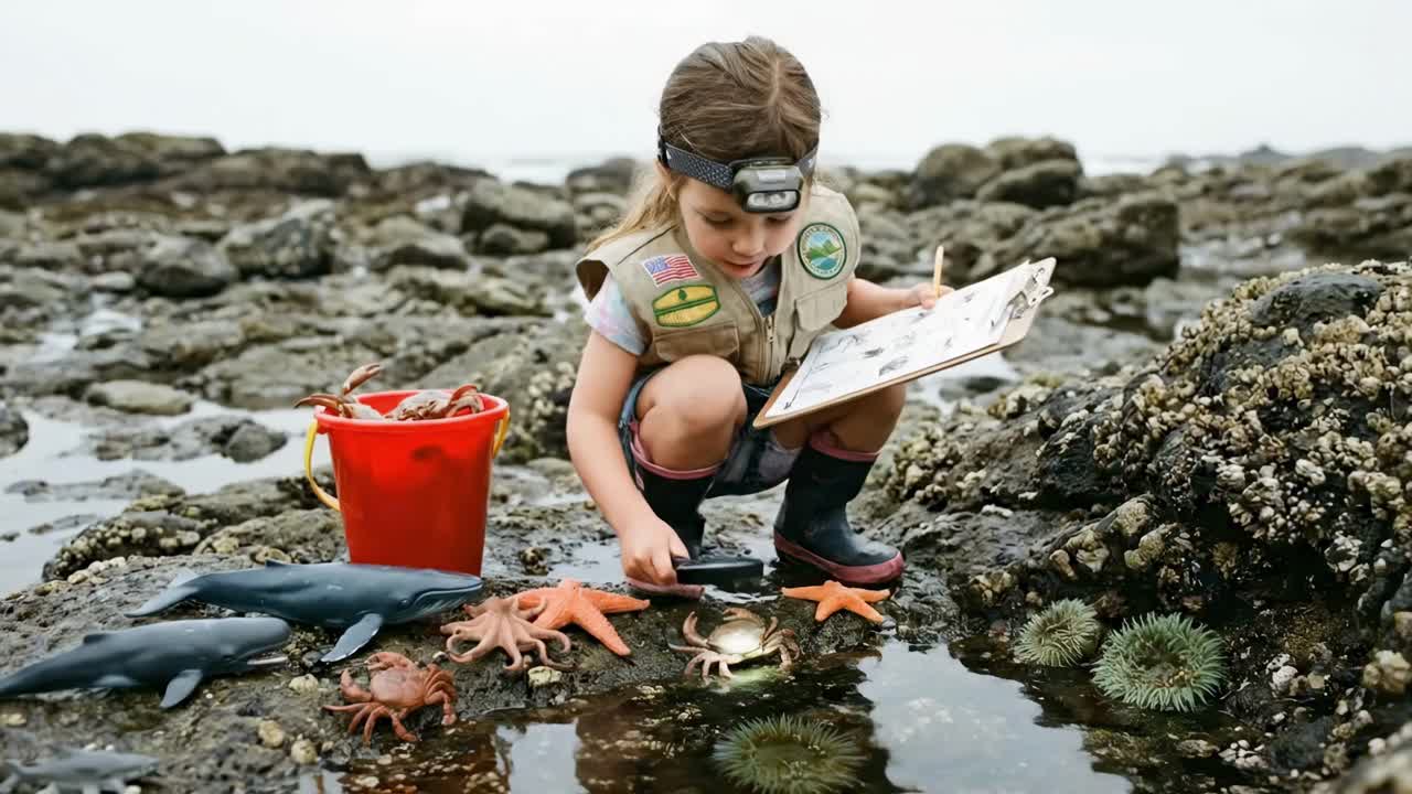 Young Girl Exploring Tide Pool with Toy Sea Creatures