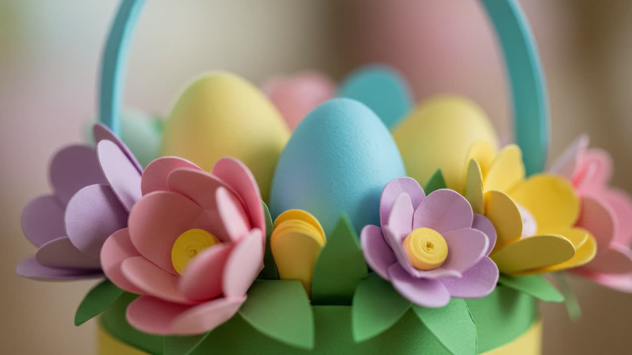 A Colorful Decorated Basket Filled with Vibrant Paper Flowers and Easter Eggs, Perfect for Celebrating Spring and Seasonal Festivities with Joyful Decor