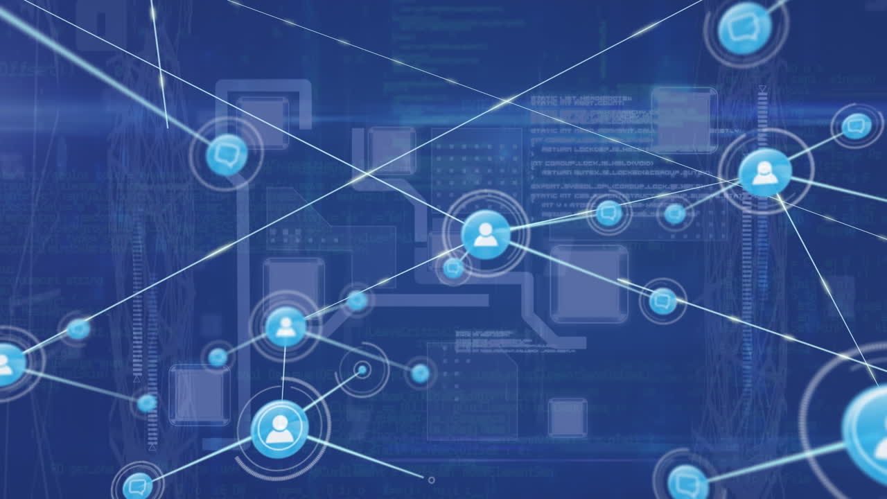 Animation of network of connections with icons over data processing