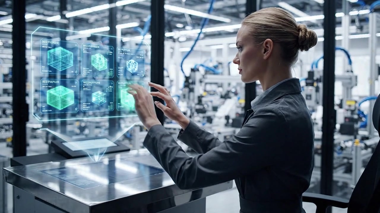 Woman Interacting with Holographic Interface in a Futuristic Factory