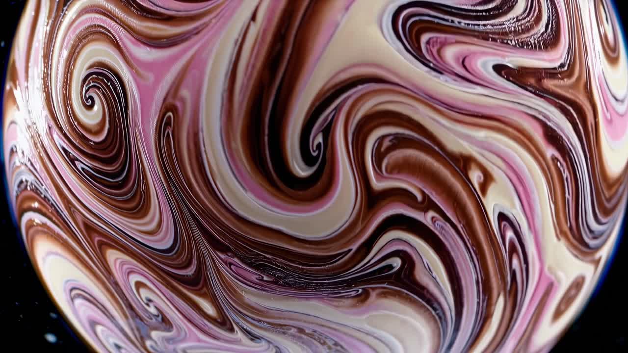 Motivi colorati e vorticosi di texture cremose si fondono armoniosamente in una sequenza di movimento ipnotizzante, mettendo in mostra il flusso dinamico dell'arte liquida in tonalità vivaci.