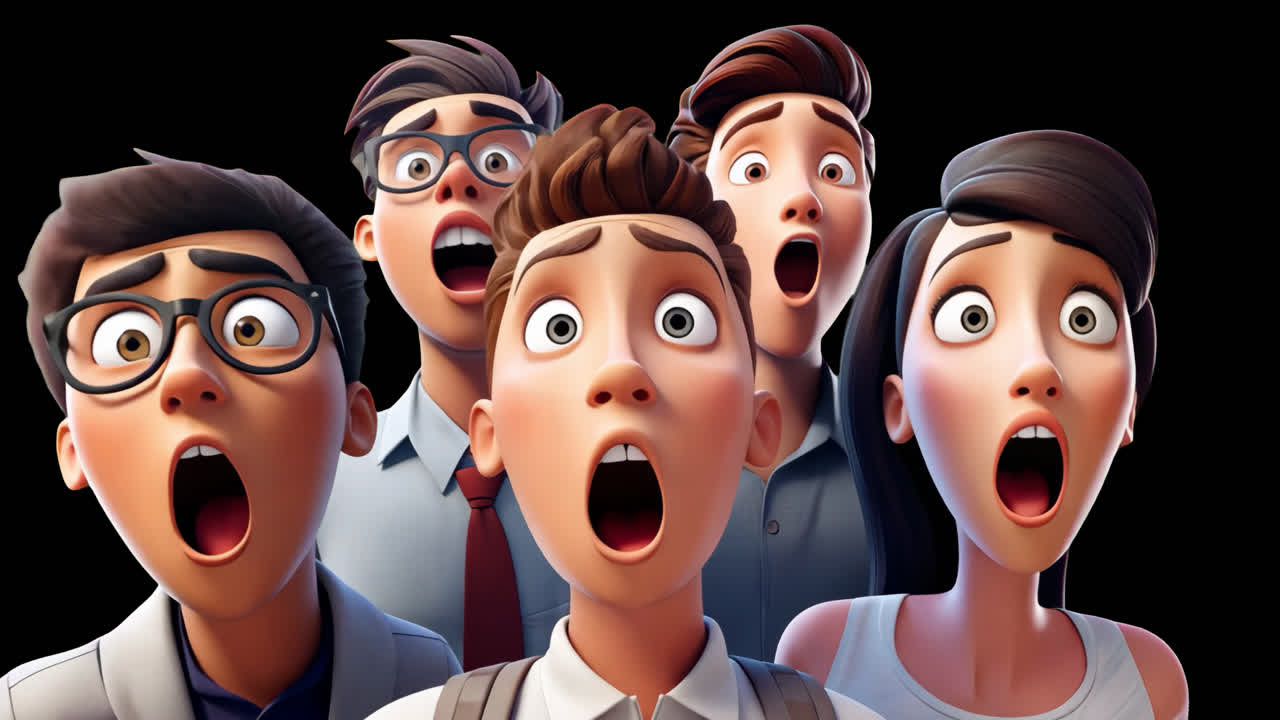 Surprised animated characters group animated overlay, transparent 4K video, alpha channel, ProRes
