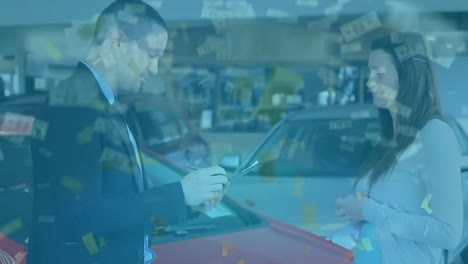 animation of dollar bills and confetti over diverse business people