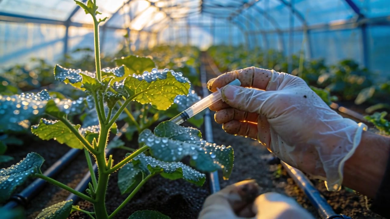 Syringe appearing gloved hands steadying seedling and depositing drops for watering in tunnel