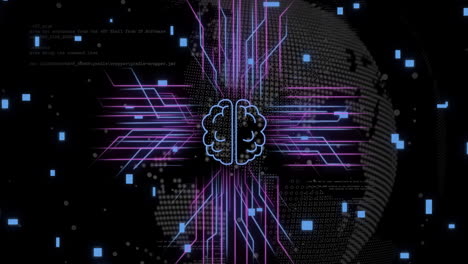animazione dell'elaborazione digitale dei dati, del cervello e della scheda di circuito su sfondo nero