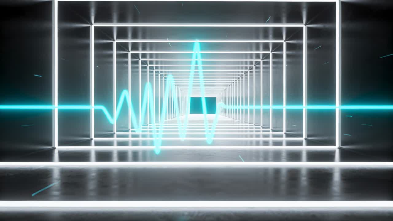 Sekvens starter, neontunnel gløder, cyan bølgeform stiger og falder, visualiserer signaltoppe.