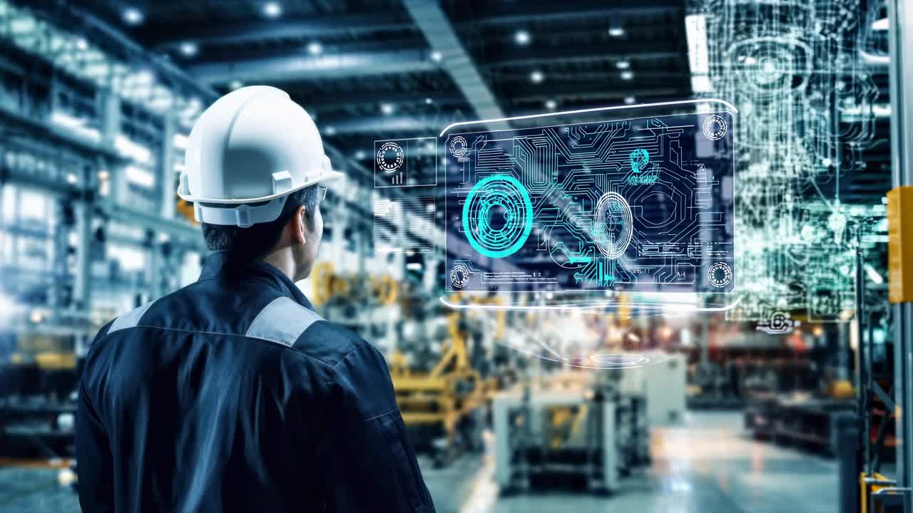 A worker in a hard hat observes a holographic interface in a factory
