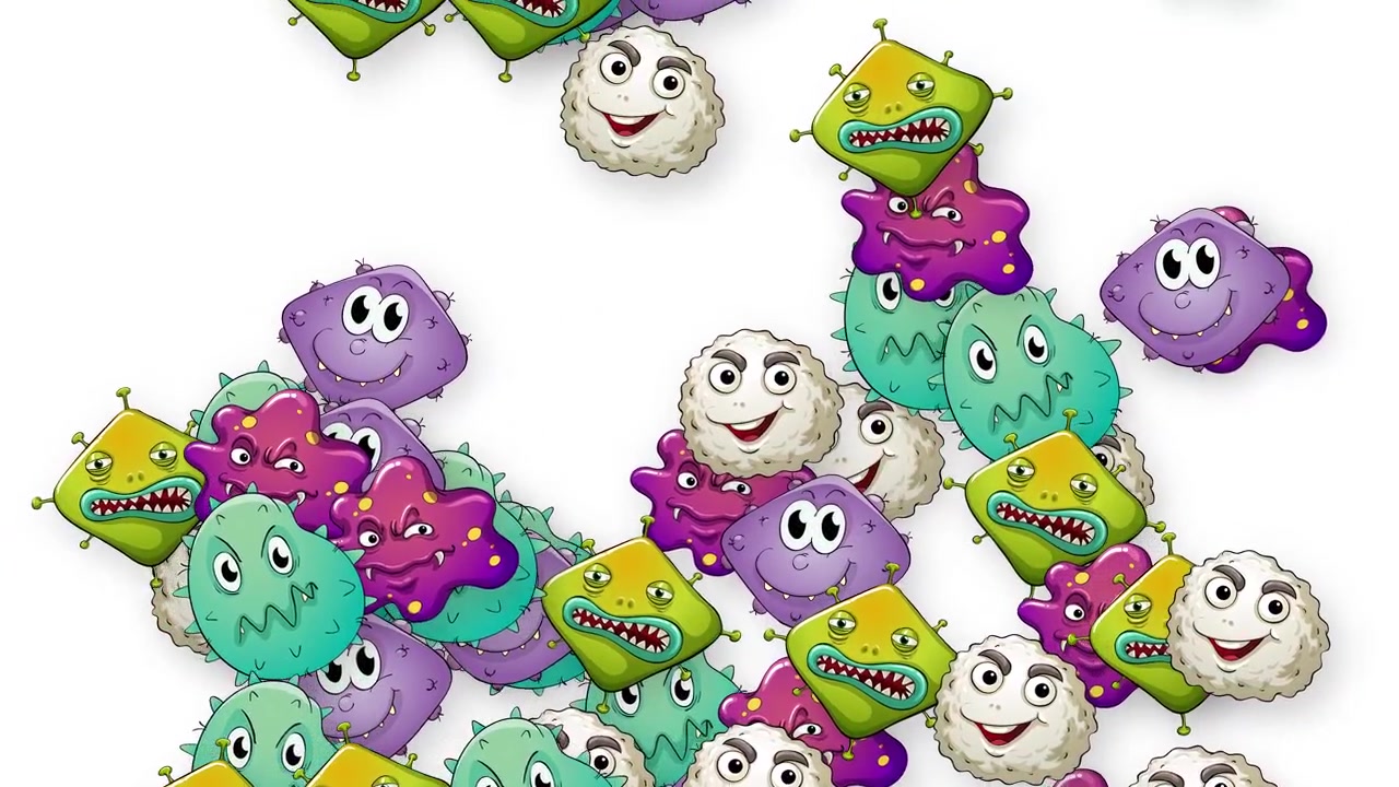 Colorful animated microbes with expressive faces fall vertically through the frame on white background.