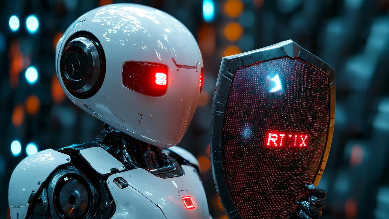 Robot stands with shield in futuristic setting during a tech event showcasing advanced robotics and artificial intelligence