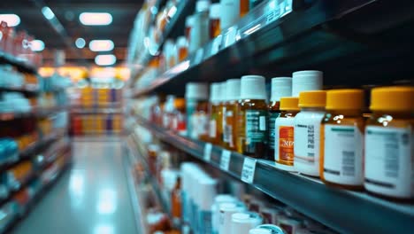 pharmacy shelves with medications and vitamins