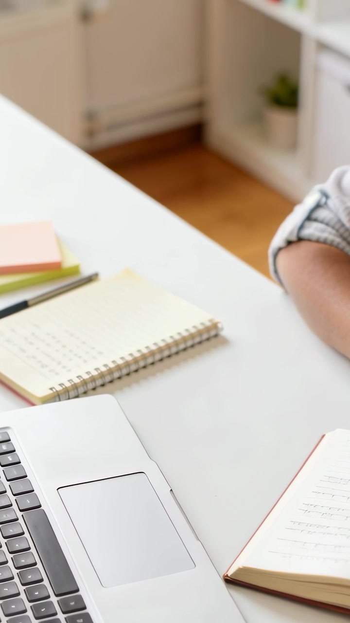 Vertical video: Moving hand on pad at desk resting on notebook noting in rolled sleeves, copy space
