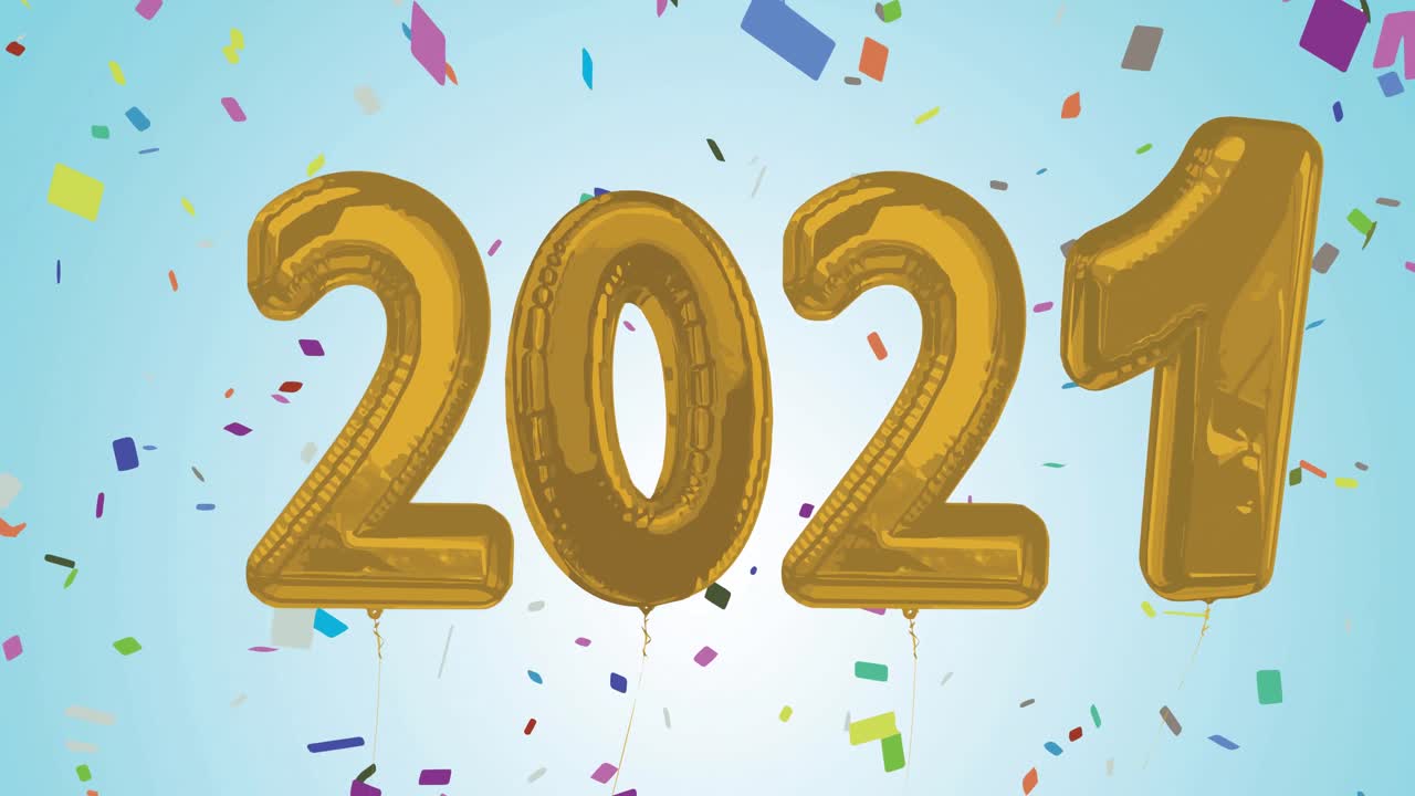 Animation goldener Ballon-Zahlen „2021“ und Konfetti auf blauem Hintergrund.