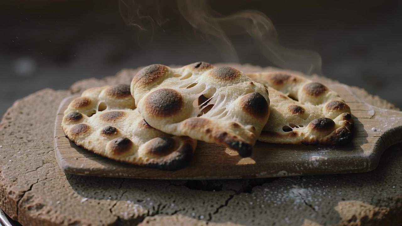 Estratti dal forno, due naan bollosi che si gonfiano e rilasciano vapore su un focolare crepato con pala
