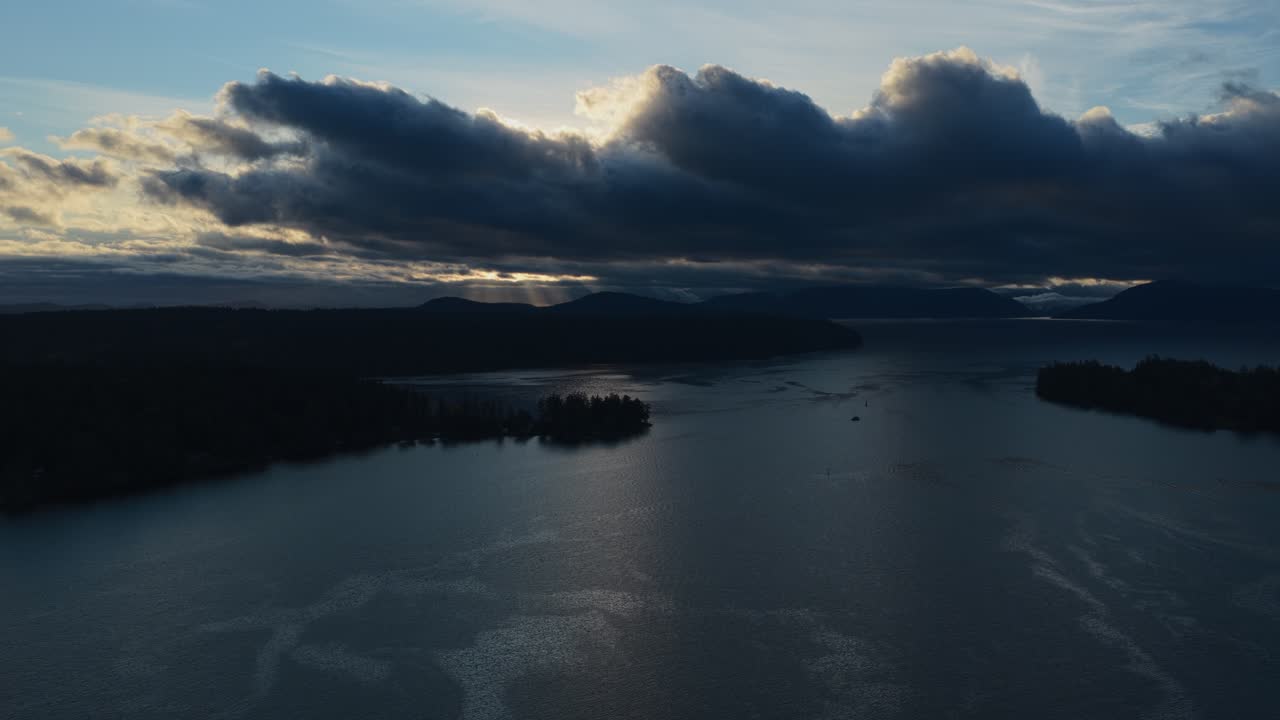 Dramatic View Of Thetis Island At Dawn In Gulf Islands, British Columbia, Canada. Aerial Drone Shot