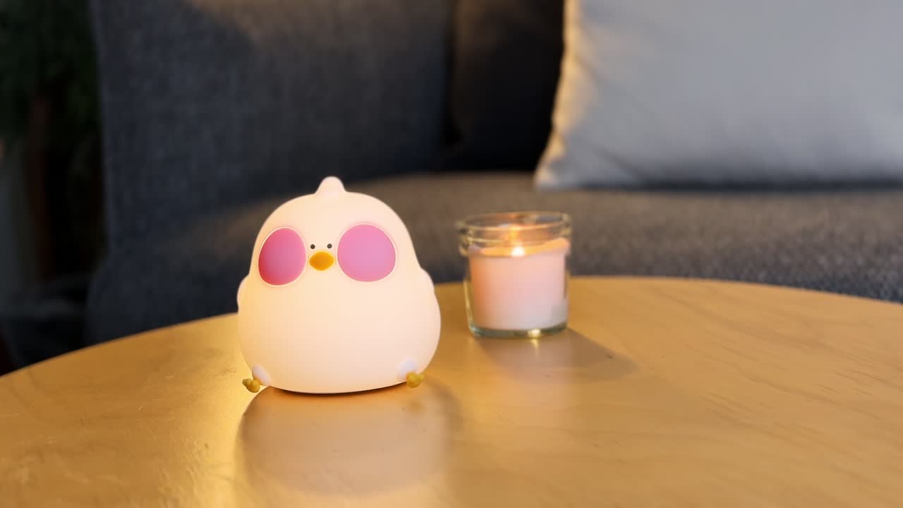 Hand waving over an adorable bird-shaped night lamp on a cozy table beside a lit candle. Perfect for themes of cuteness, ambiance, and nighttime relaxation or bedtime rituals.