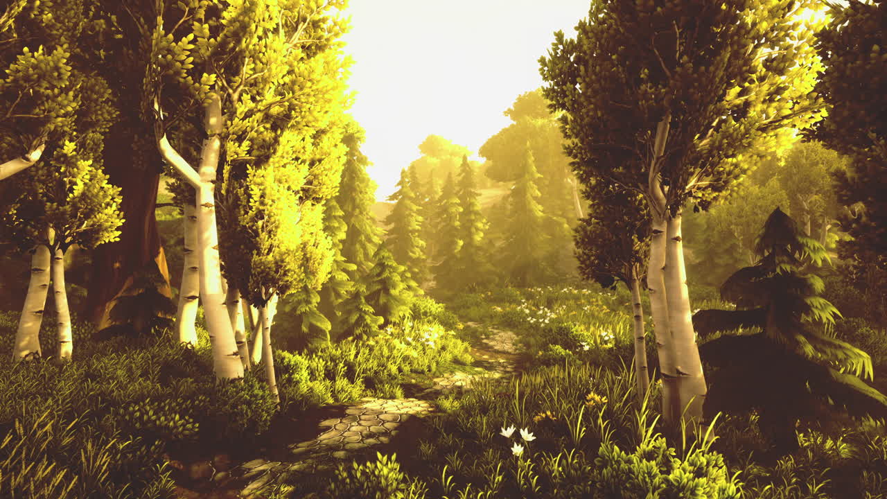 Serene forest pathway bathed in golden sunlight during late afternoon bliss