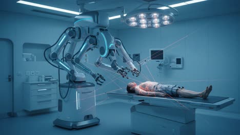 an advanced surgical robot performing a complex procedure on a patient in a modern operating room, showcasing cutting-edge technology and innovative medical practices
