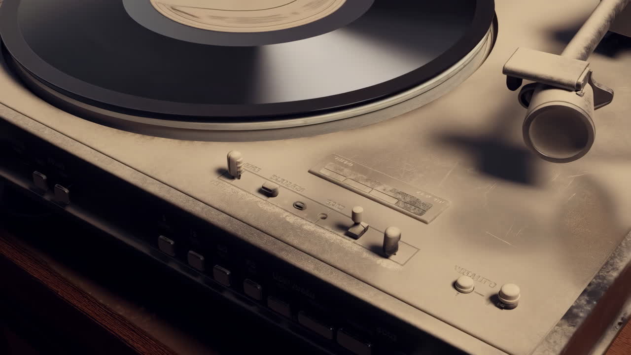Close-up of a vintage record player with a vinyl record