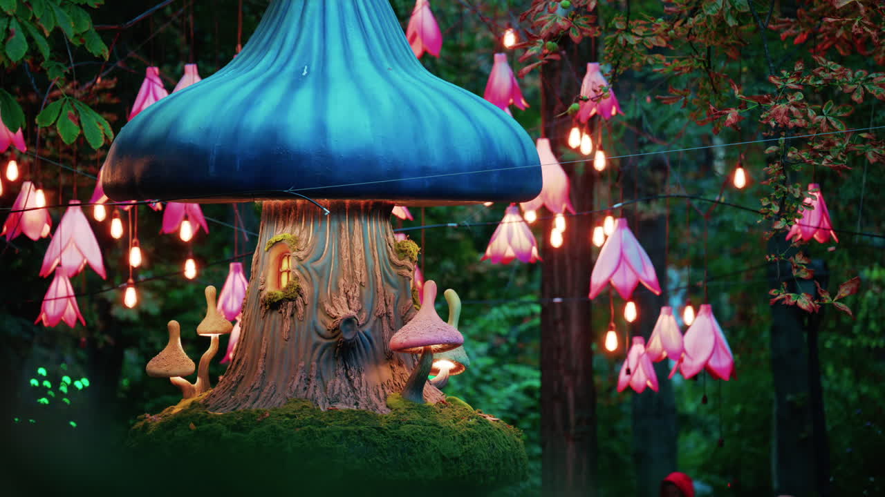 Colorful fantasy style mushroom installation with glowing lights and decorative flower lamps in a forest setting