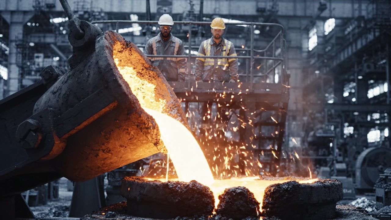 Dva pracovníci pozorují roztavený kov tekoucí z licí pánve ve velké průmyslové slévárně, což ukazuje intenzivní žár a energii metalurgických procesů.