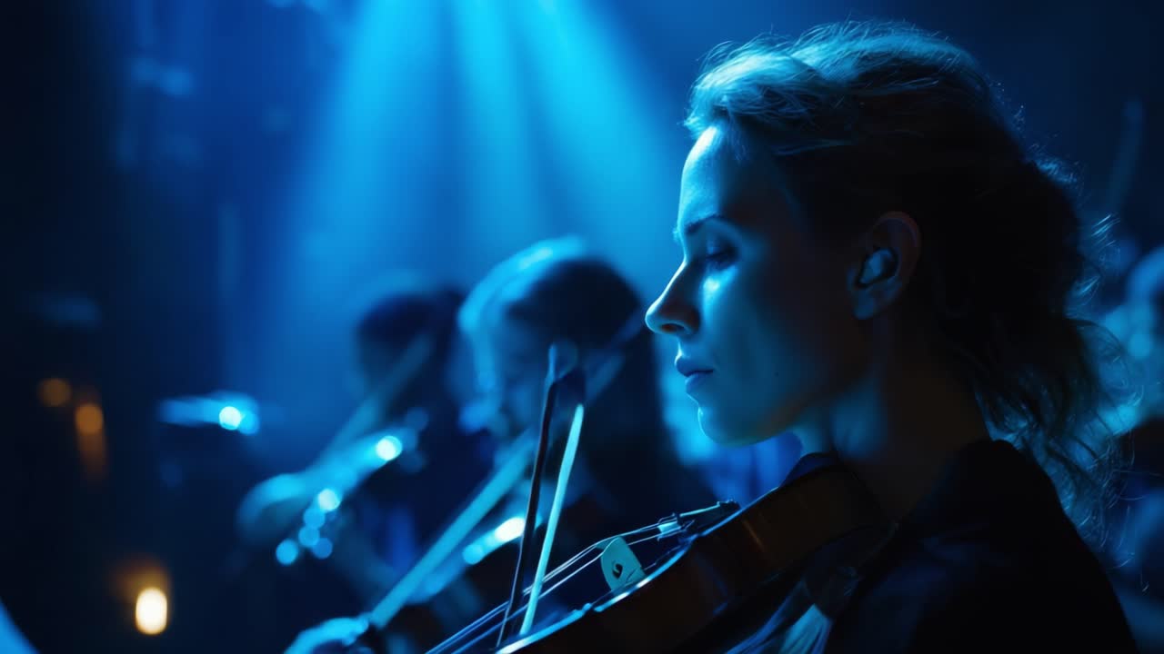 Un primo piano accattivante di una violinista immersa nella musica sotto affascinanti luci blu, che mette in risalto l'intensità della sua esibizione.
