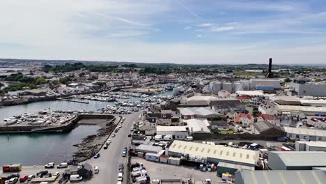 high drone flight over st sampson’s harbour and industrial zone guernsey showing marina,power station,industrial area ,docks and commercial activity on bright sunny day