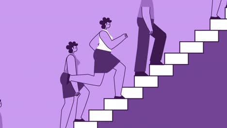 la mujer de estilo púrpura, un personaje plano, sube las escaleras y supera a la multitud de personas. animación de bucle aislado con canal alfa
