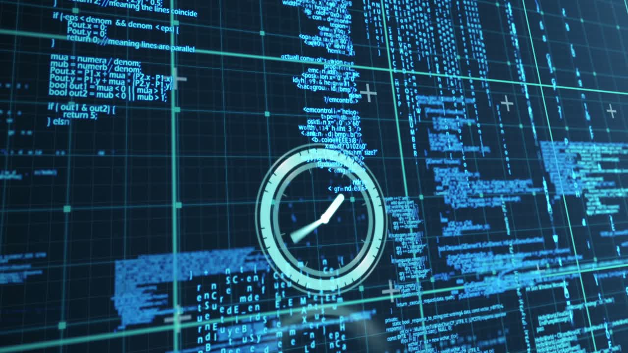 Animation of clock moving over data processing on navy background