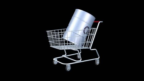 concepto de compra o venta de petróleo de oro negro. el símbolo del barril con la inscripción se encuentra en el carrito de compras de comestibles. industria de negocios y comercio.