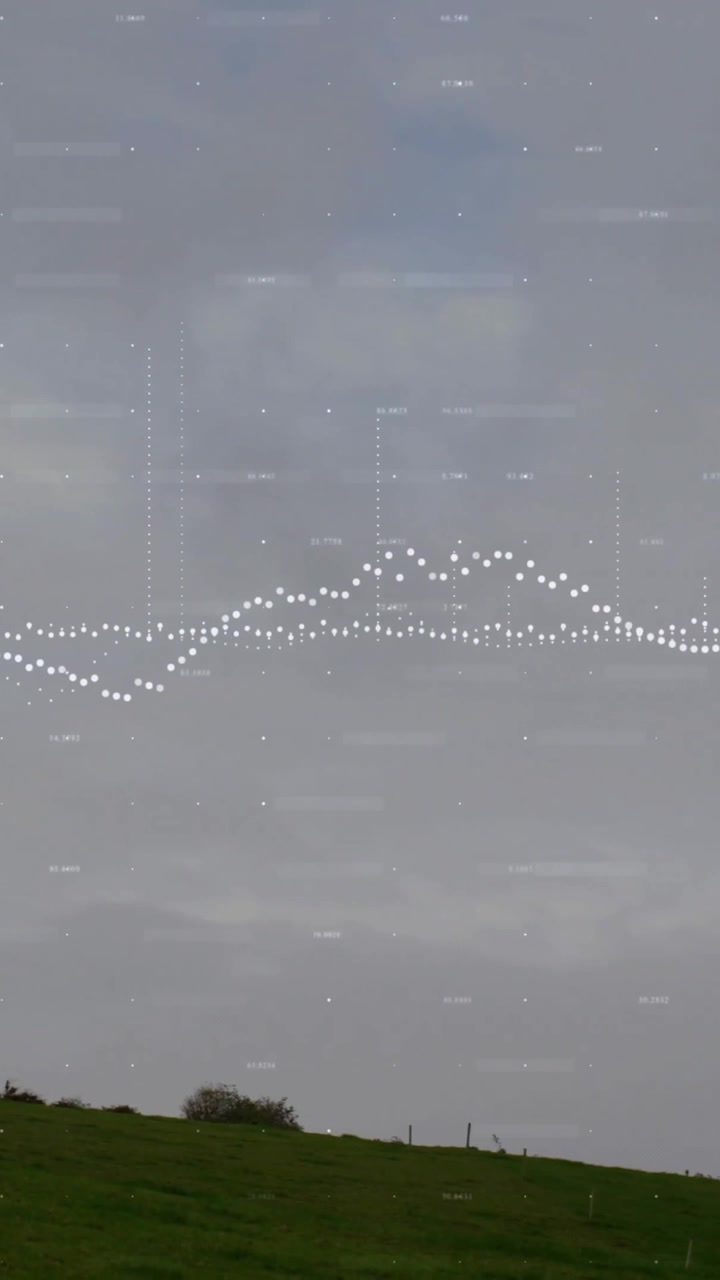 Wind turbine on grassy hill with sound wave animation over cloudy sky