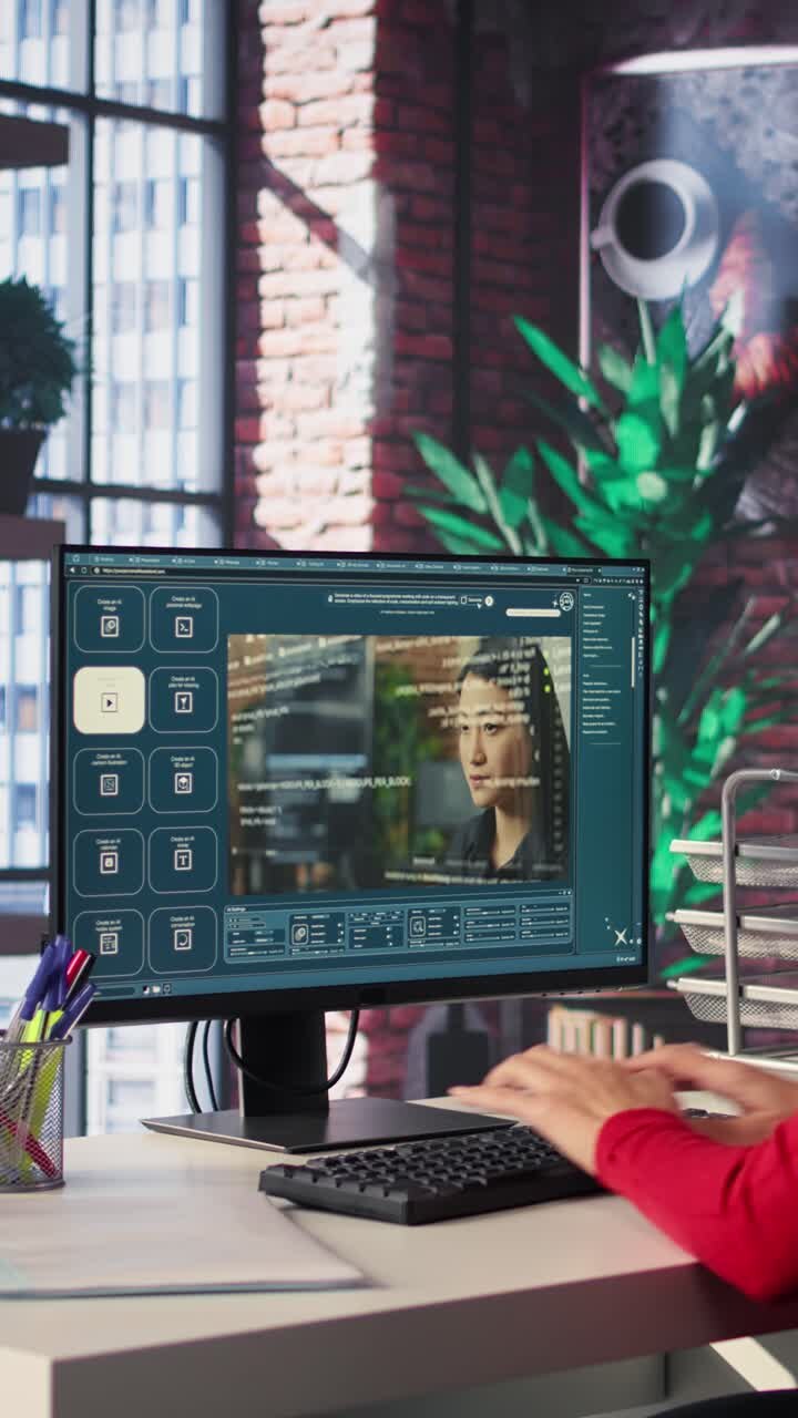 Video verticale: Sviluppatore software in home office che programma su desktop utilizzando uno script potenziato dall'IA