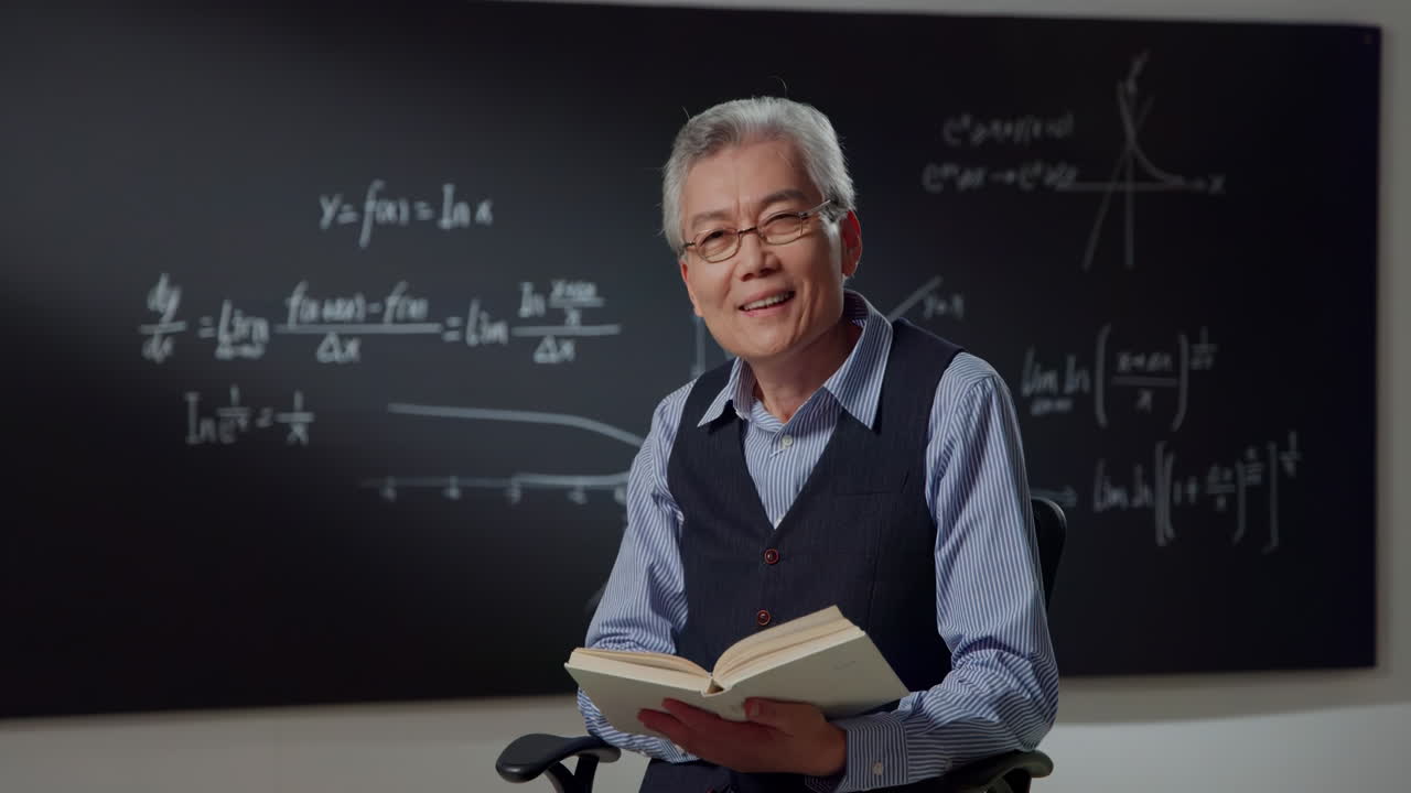 Intelligent senior male teacher or student in spectacles explaining decision of hard math equation. He prove the theorem and want to invite You to study in university