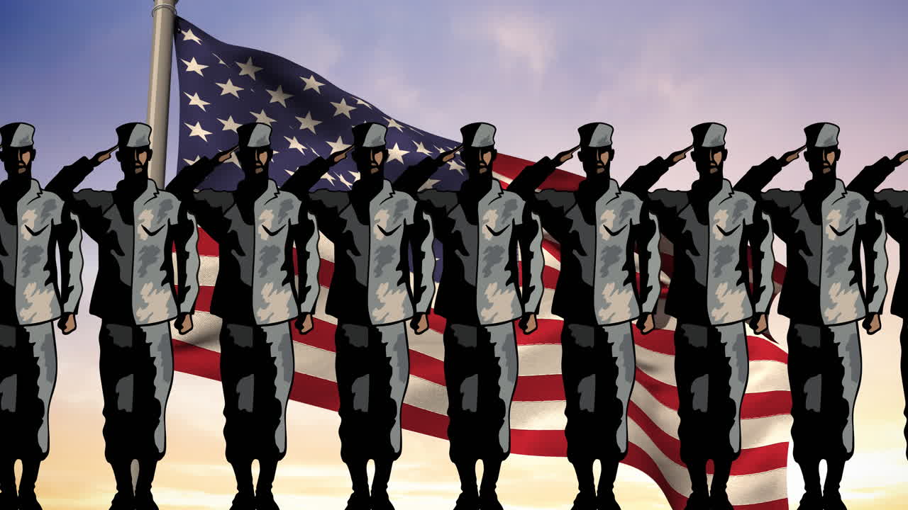 Animation of row of male soldiers saluting over american flag