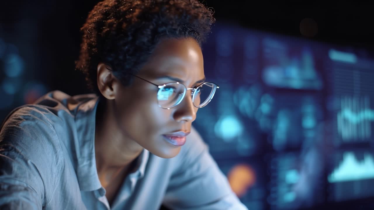 Fokuseret professionel analyserer komplekse data på en futuristisk skærm; en opmærksom person fordybet i et højteknologisk digitalt miljø, der viser koncentration og ekspertise.