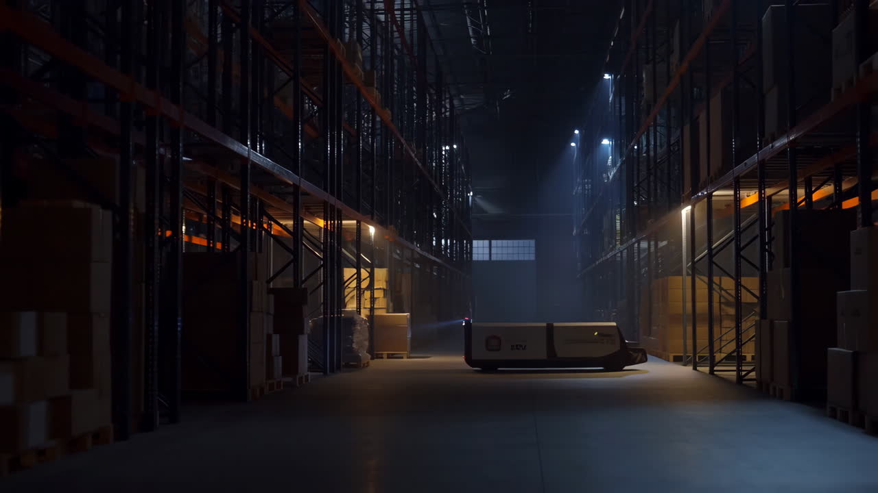 Automated Guided Vehicle in a Dark, Modern Warehouse