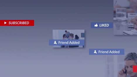 animación de iconos y pantallas de redes sociales con procesamiento de datos empresariales contra un fondo gris