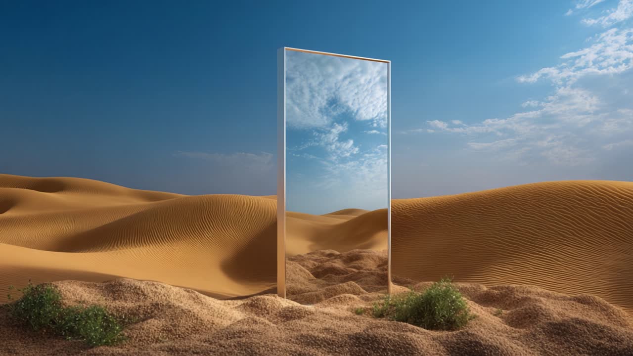Uno specchio misterioso in un paesaggio desertico arido riflette il cielo, creando una scena enigmatica di solitudine e serenità tra dune di sabbia infinite.