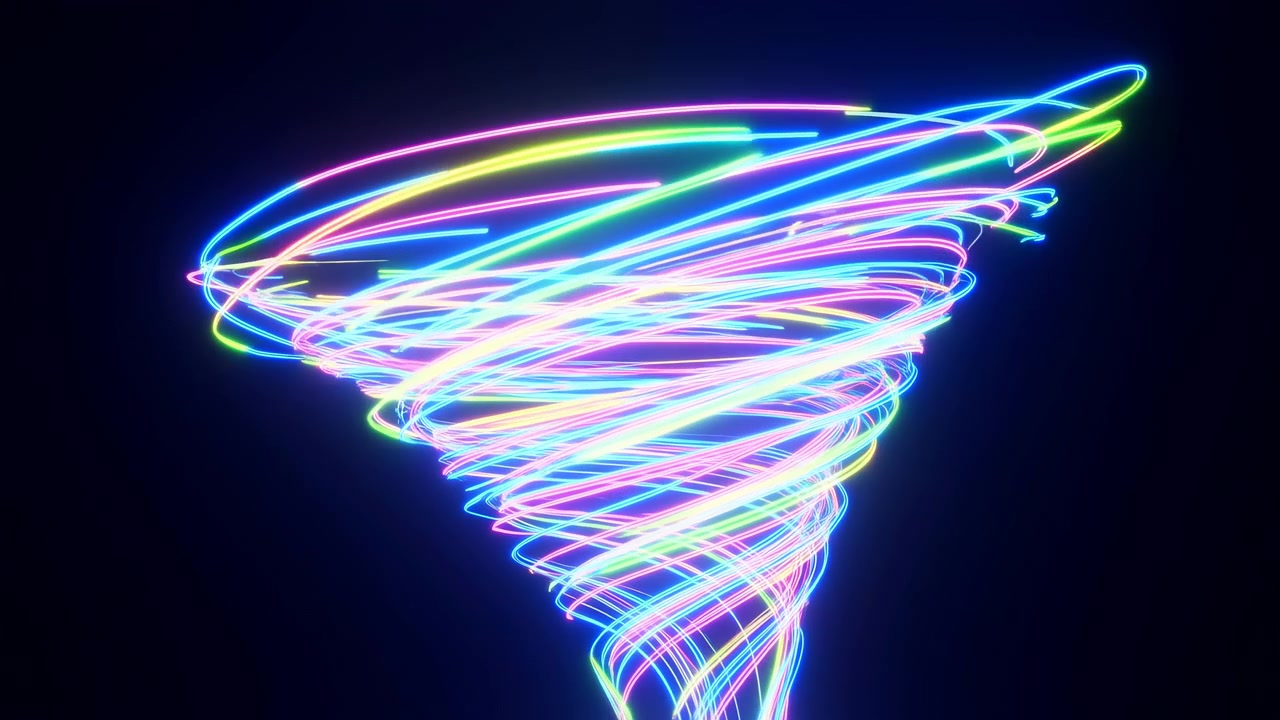 Spirale lumineuse néon multicolore tourbillonnante, visuel DJ dynamique pour club, avec éclat vibrant, mouvement rapide et effet électrique.