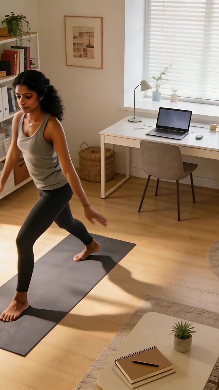 Video verticale: Donna in canotta e leggings grigi che pratica yoga flow a casa su un tappetino nero, seguendo un laptop.