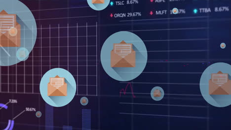 Animation-of-financial-data-processing-with-envelope-icons-on-black-background