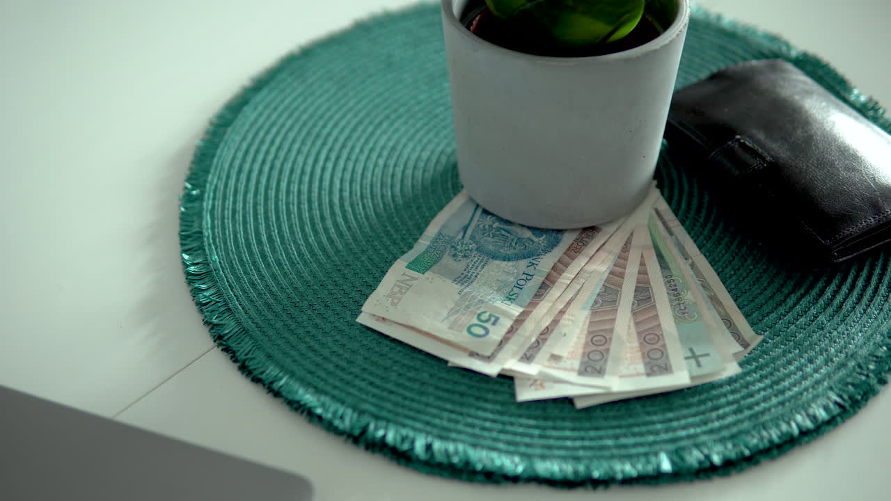 유럽 통화로 된 현금 지폐의 어두운 팬과 커피 머그잔이 있는 지갑