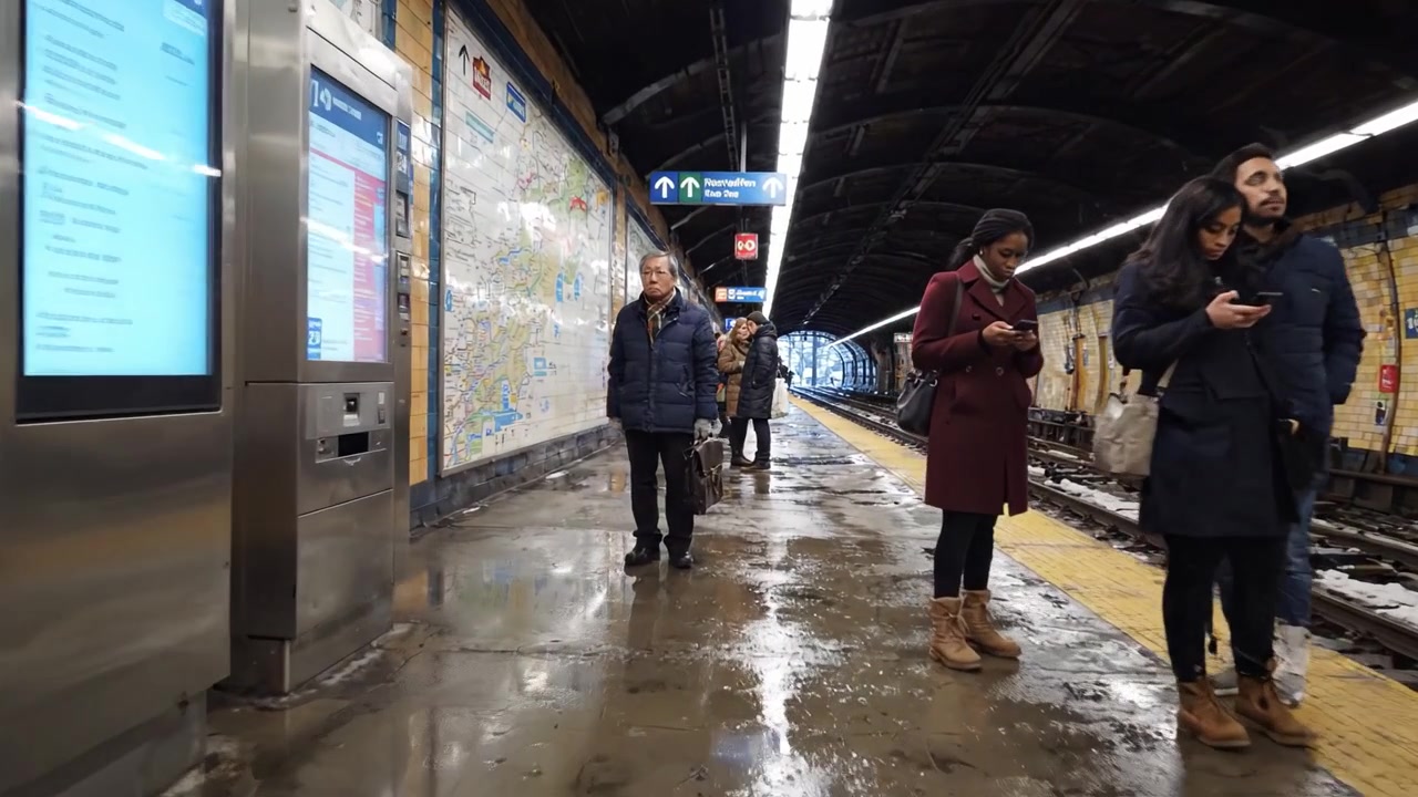 Affollata piattaforma di una stazione della metropolitana urbana con pendolari che camminano accanto a una grande mappa sul muro mentre aspettano i loro treni in un ambiente freddo e umido