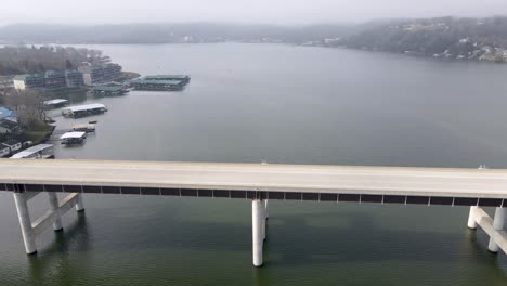 transportation concept - toll bridge crossing ozarks lake in missouri, aerial