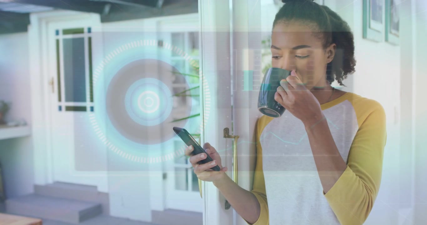 Woman at doorway sipping mug, glancing phone causing HUD, shifting to phone reading for tech