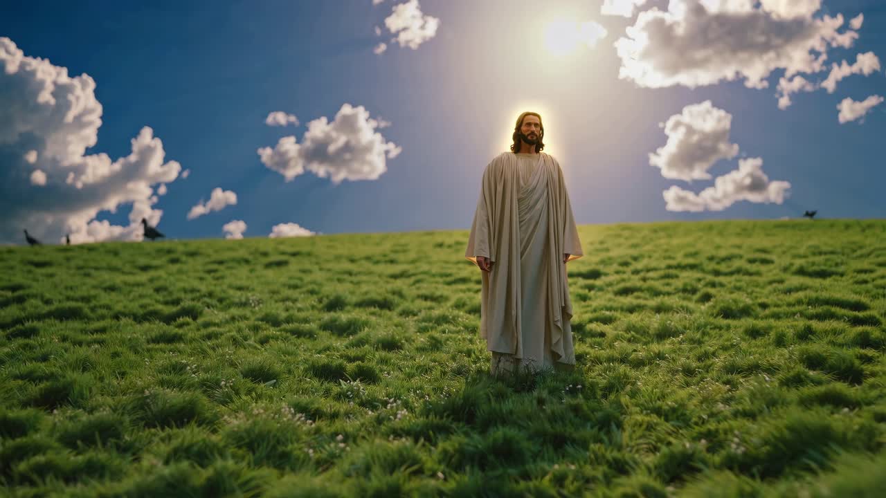 A serene video scene of a robed figure on a grassy hill under a bright sky